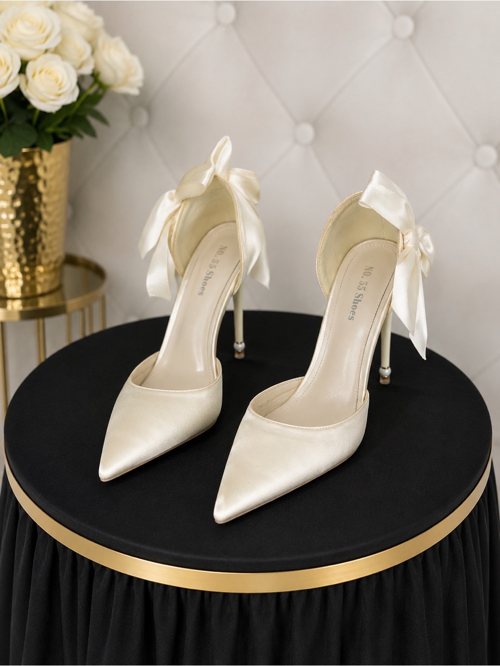 Satin Bow Ivory Pointed-Toe Stiletto Heels